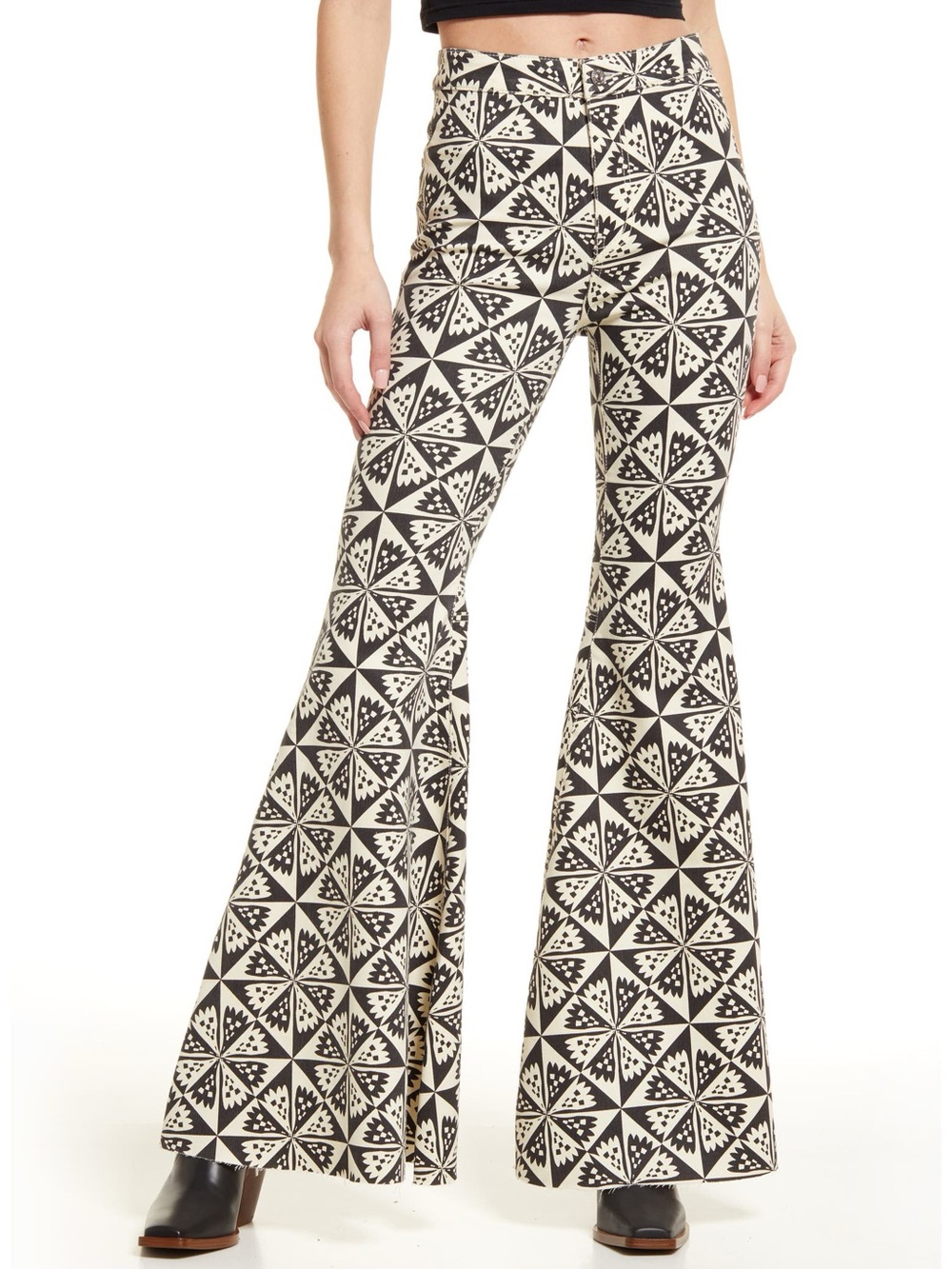 We The Free Black & Cream Geometric Flare Pants